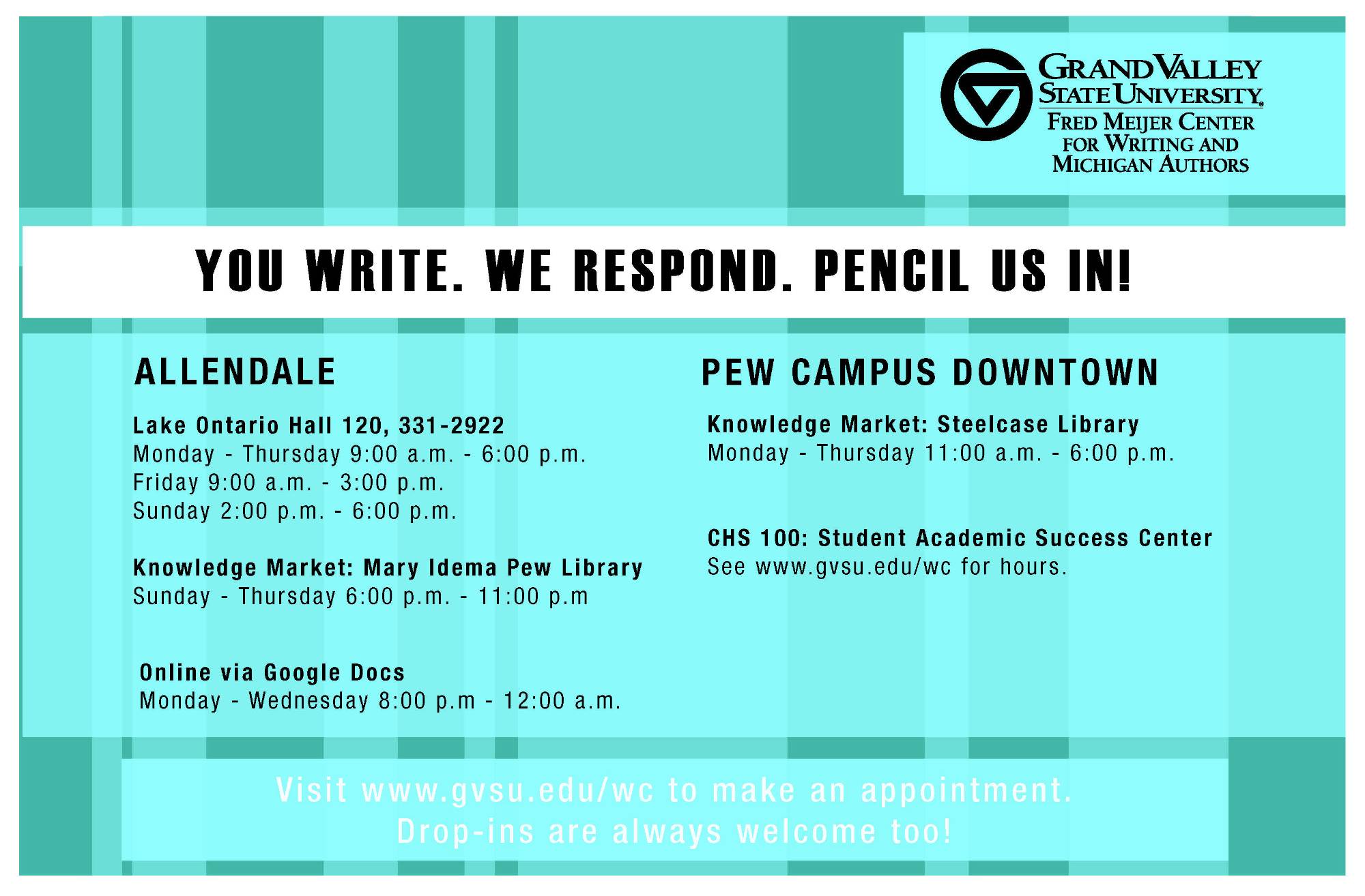 PDF version of Writing Center Hours handout for download